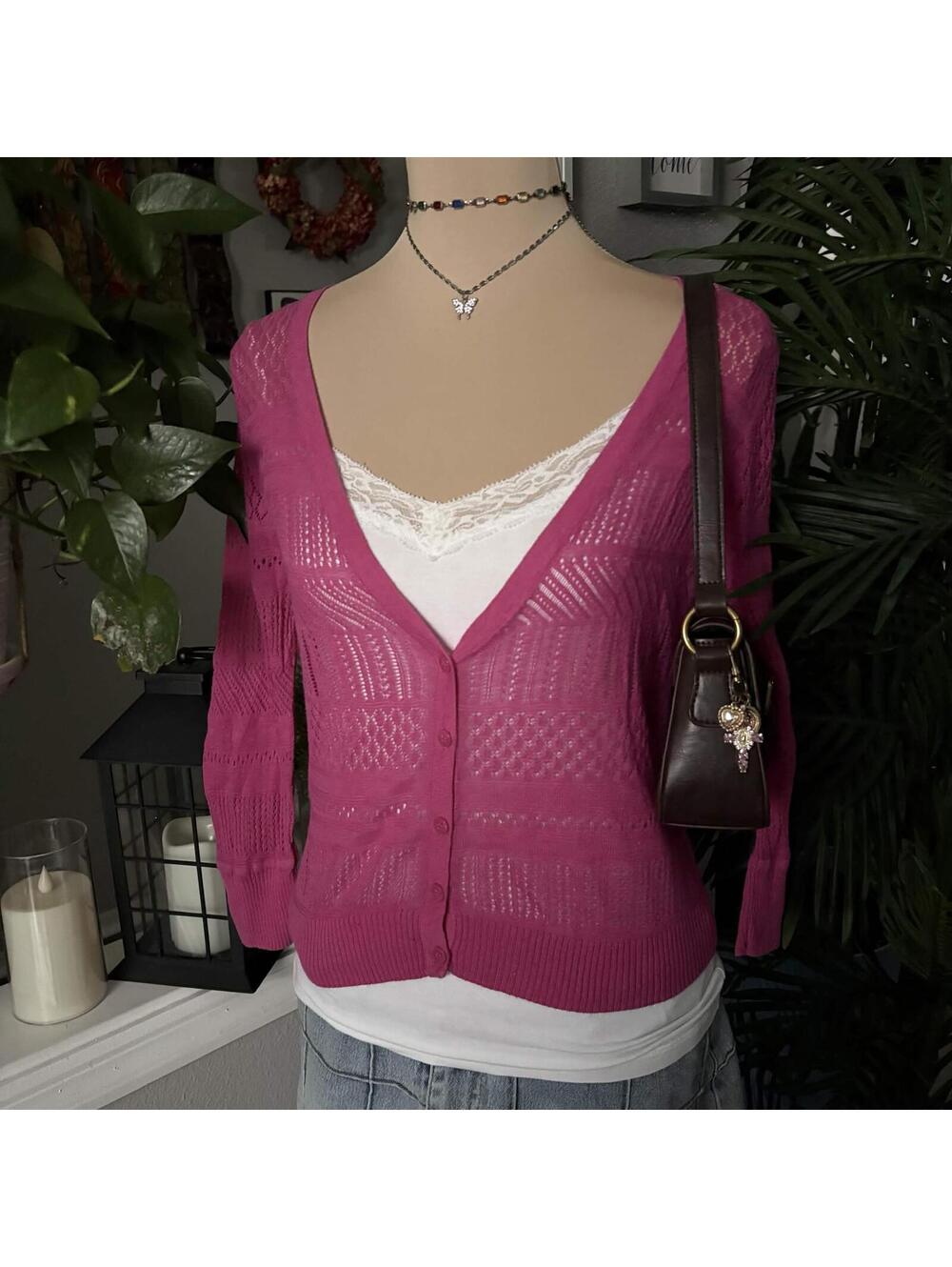 pink eyelet fitted cardigan